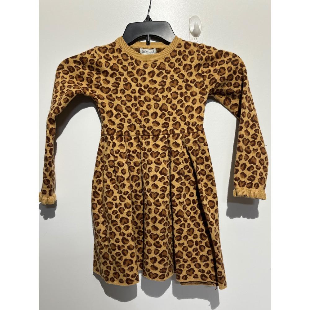 Rachel Zoe Girls Leopard Print Long Sleeve Knit Sweater Dress Tan Brown Size 7/8
